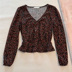 Lush Black and Red Floral V-Neck Blouse